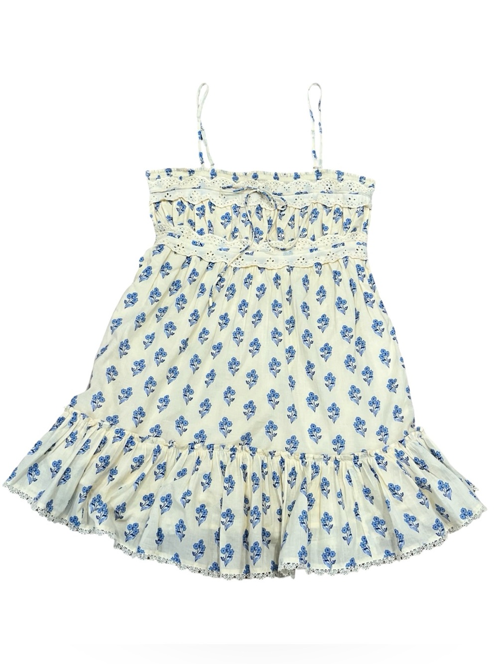 Patrons of Peace Cream Blue Floral Cotton Mini Dress Medium Cottagecore Boho - Picture 4 of 11